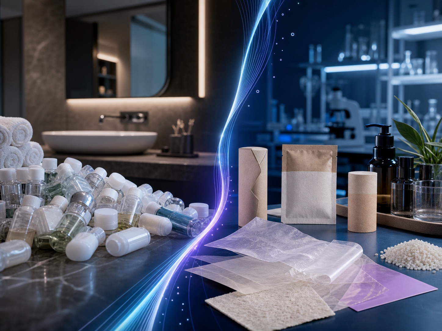 EcoHost research concept showing the transition from single-use hotel toiletries to bio-based films and paper packaging