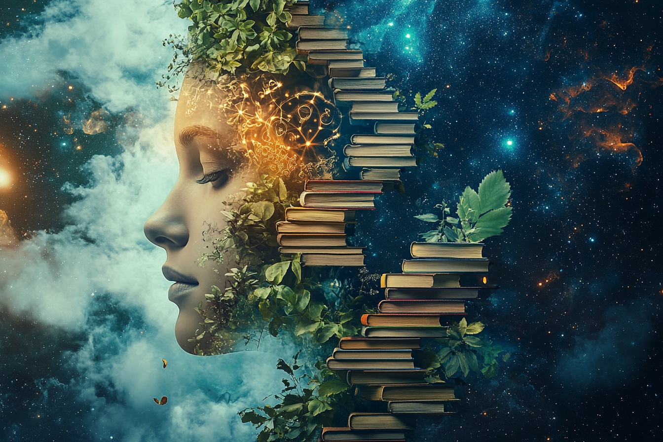 Surreal composition of a human profile, books, nature and the cosmos representing scientific knowledge and a sustainable future